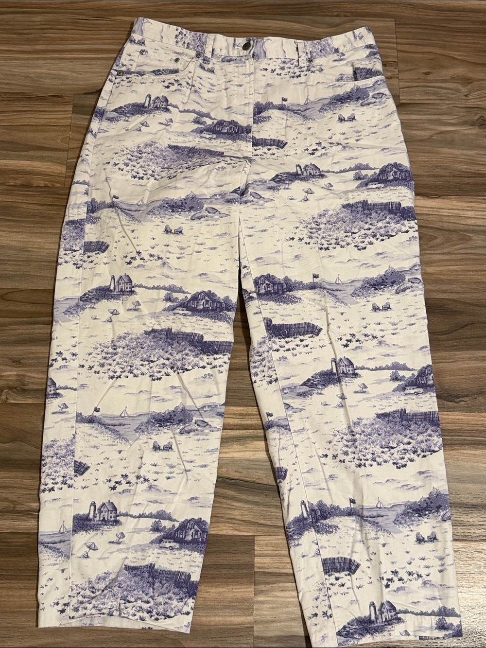 L.L Bean Vtg. Toile Beach Print Pants Women’s Sz. 18 Tall Coastal White Purple